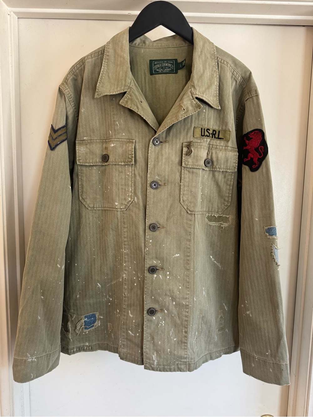 Polo Country by Ralph Lauren Olive Green distressed military Jacket with Patches